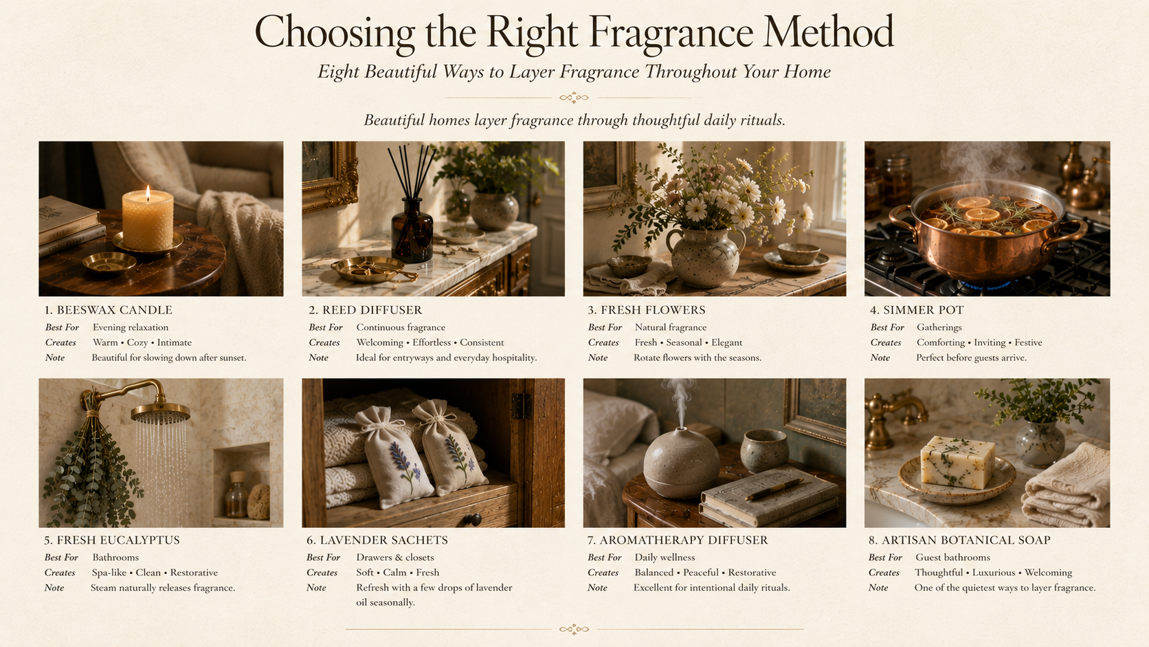 Luxury editorial guide comparing eight home fragrance methods—from beeswax candles and simmer pots to botanical soaps and eucalyptus—to help create the perfect atmosphere in every room.