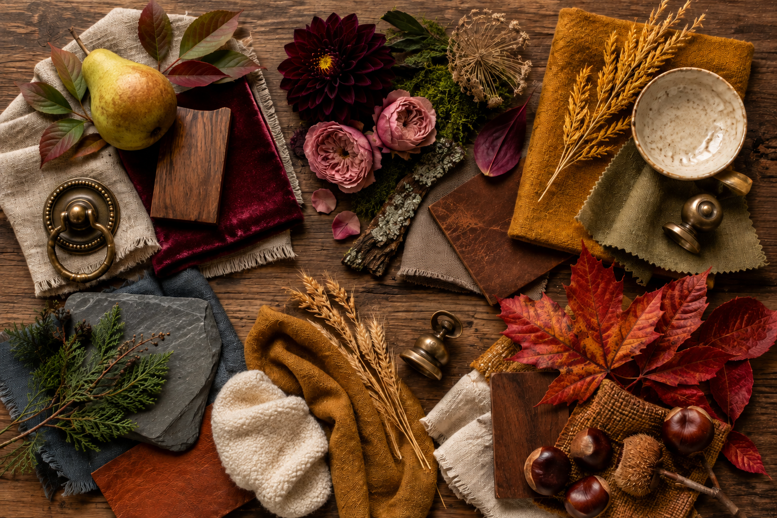Five sophisticated autumn color palettes come to life through rich textiles, wood, brass, stone, foliage and seasonal botanicals for fall decorating inspiration.