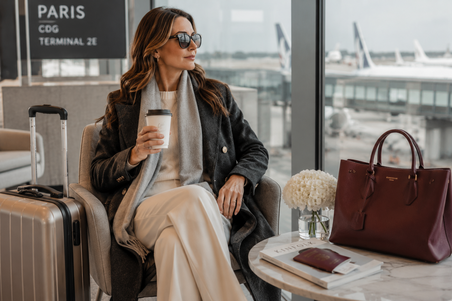 An elegant woman in a charcoal peacoat and winter white layers walks through a bright European airport with refined carry-on luggage, a rosewood handbag, and coffee in hand. Soft daylight and polished styling create a sophisticated travel atmosphere