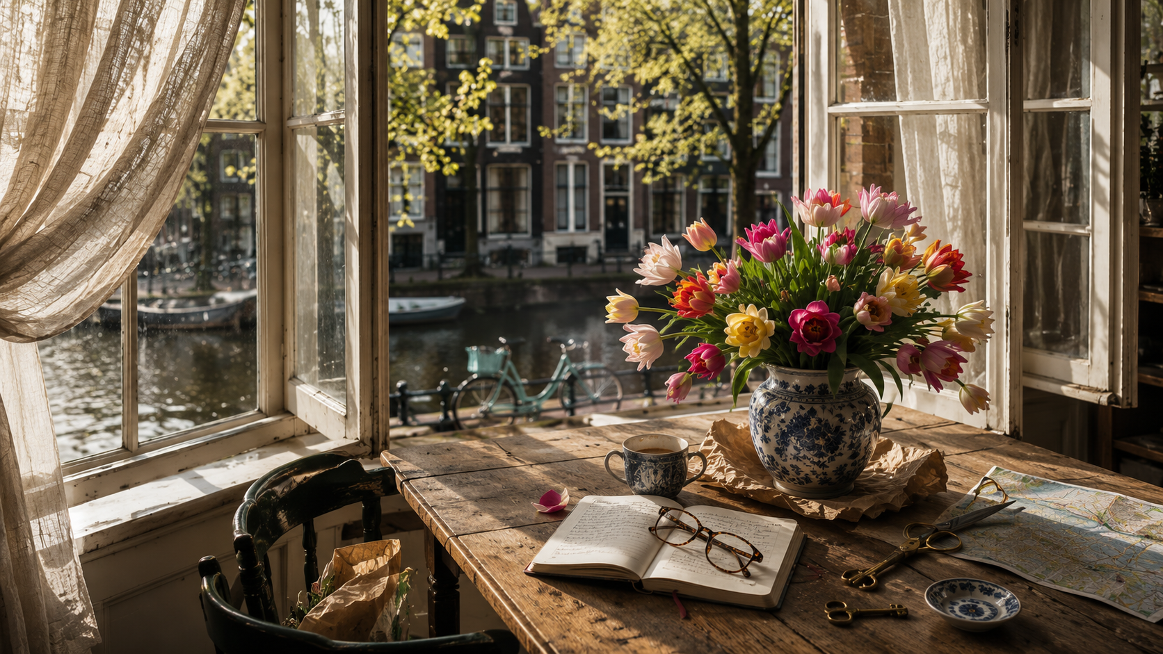 Open windows in a historic Amsterdam canal house overlook spring canals as fresh tulips, a Delft Blue vase, journal, coffee, and morning light create a warm Dutch editorial atmosphere.