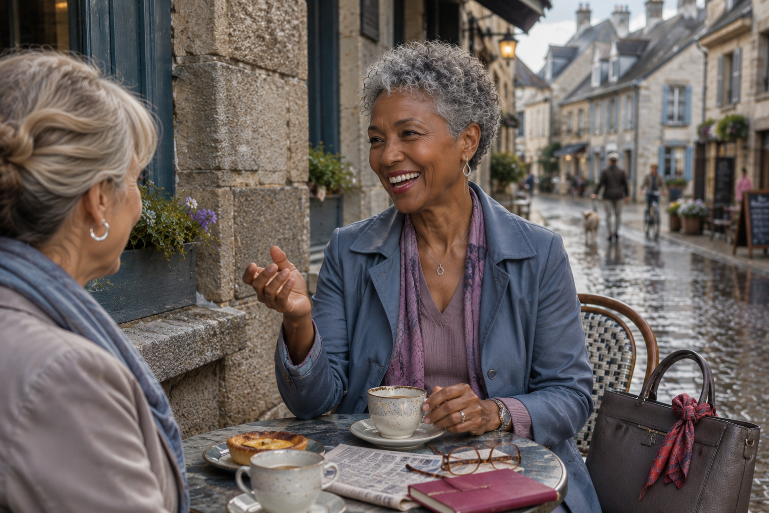 True Summer style comes alive at a Brittany café, where cool mauve, slate blue, pewter and cranberry create refined, harmonious color with depth.