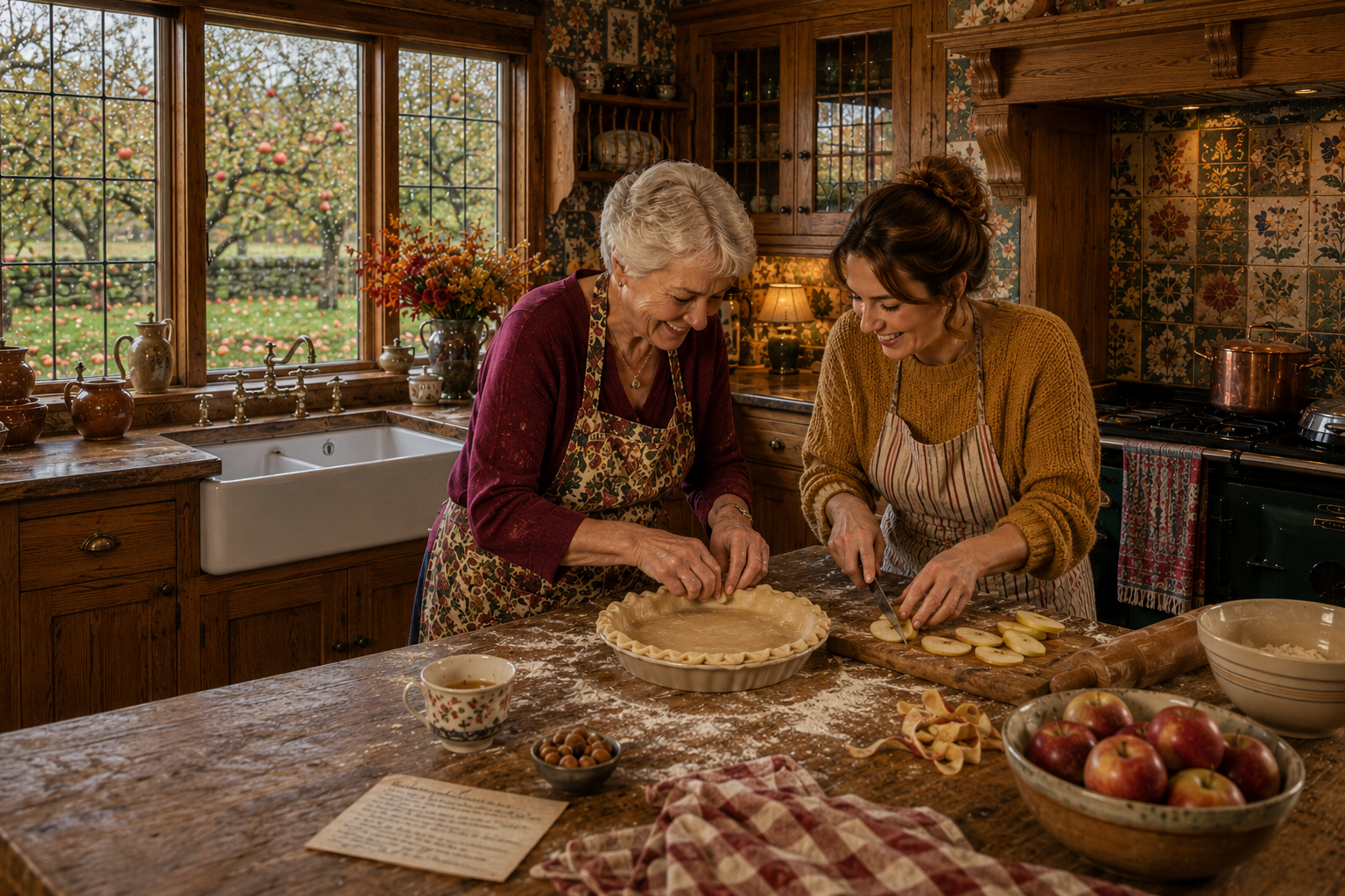 Grandmother and granddaughter bake apple pie together in a cozy Arts & Crafts kitchen overlooking a rain-kissed autumn orchard, celebrating a cherished fall ritual.