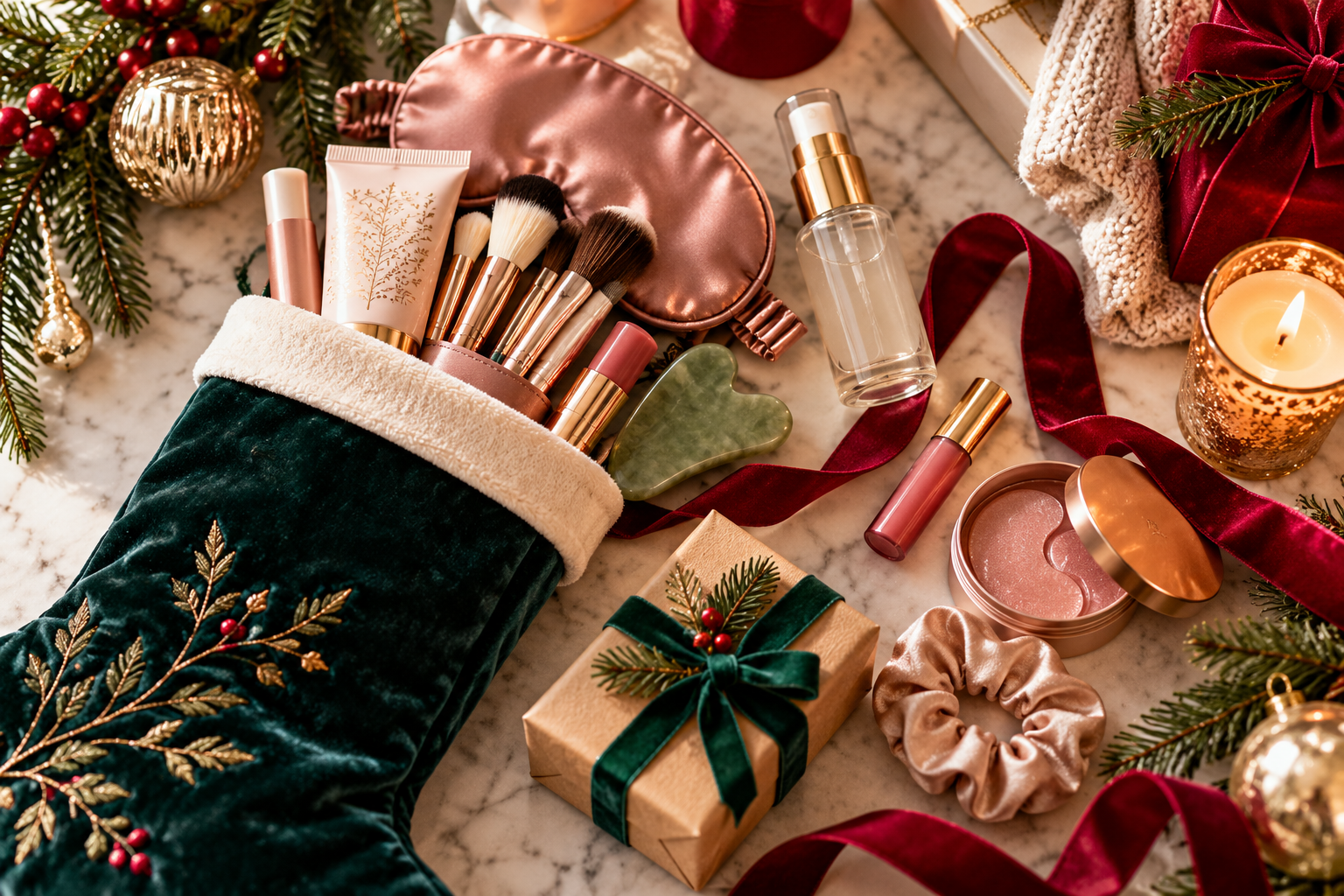 Forest-green velvet Christmas stocking filled with makeup brushes, hand cream, and beauty gifts, surrounded by a satin sleep mask, lip treatments, festive ribbon, and holiday decorations.