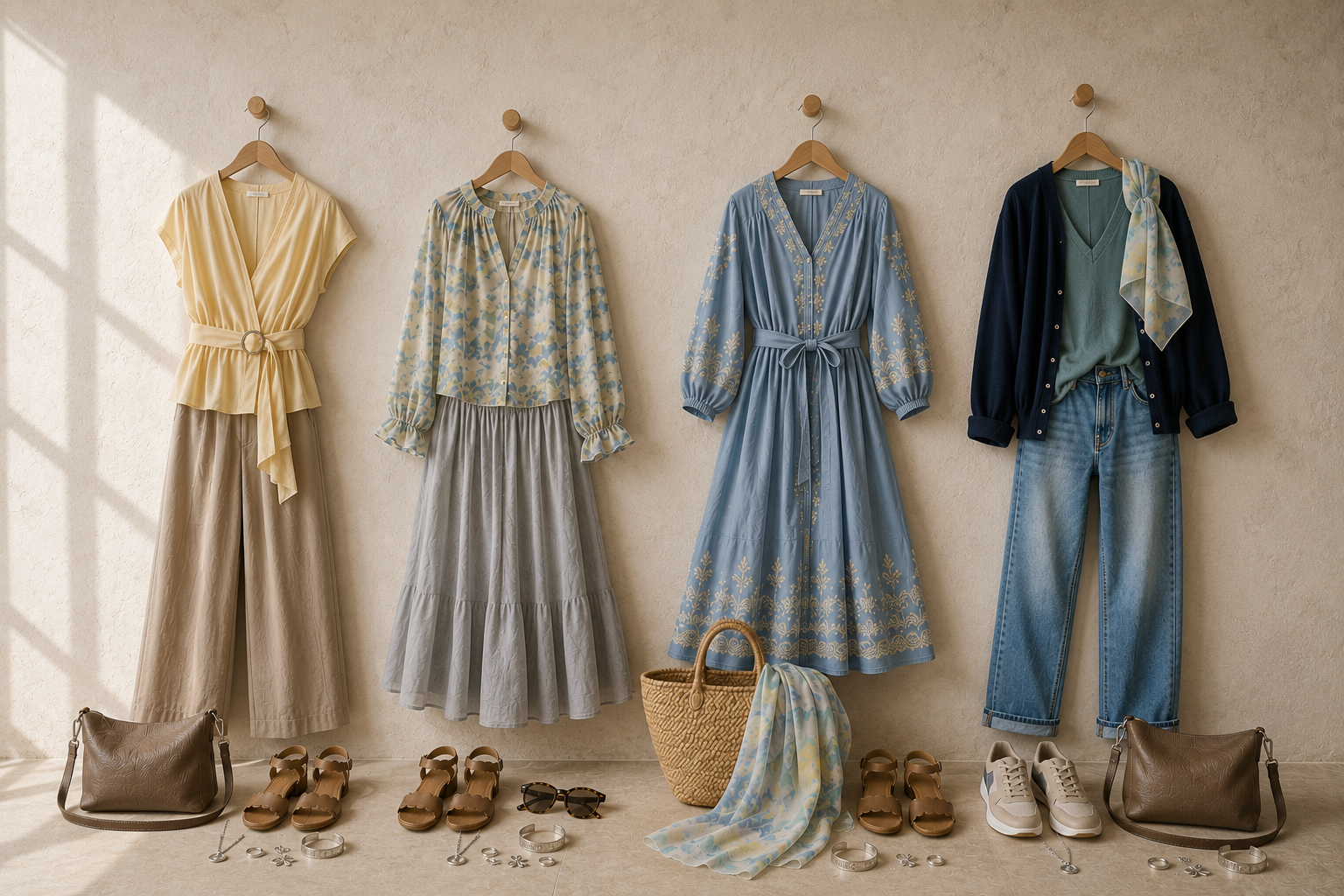 Four Light Summer Scandinavian travel outfits hang on oak pegs with coordinated accessories, showing elegant wardrobe formulas for flower markets, museums, Midsummer celebrations, and cool ferry evenings.