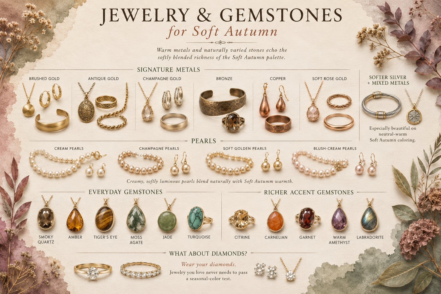 Soft Autumn jewelry and gemstone guide featuring warm golds, creamy pearls, smoky quartz, amber, turquoise, garnet, warm amethyst and other flattering stones.