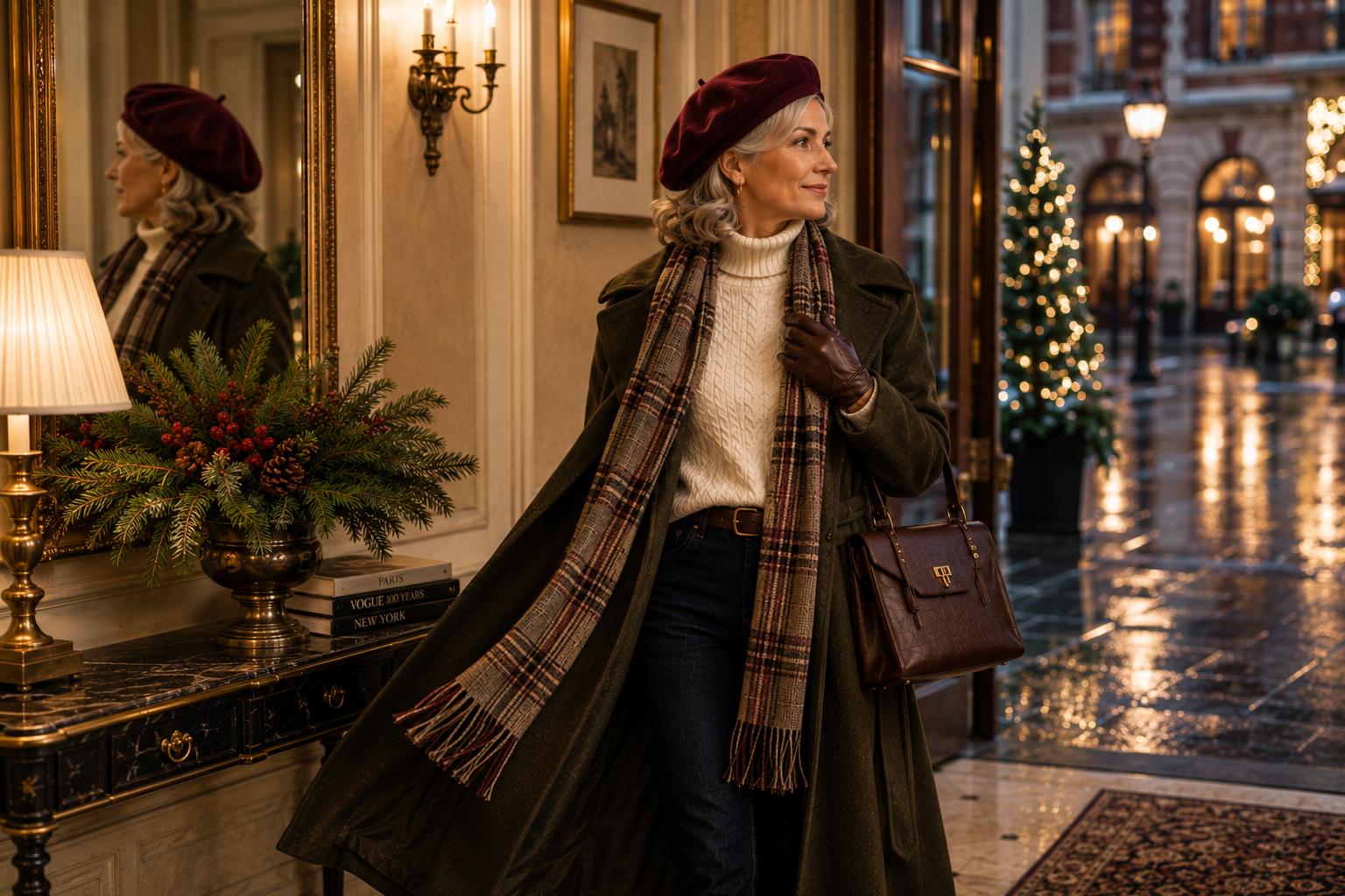 Elegant woman in a wool coat, plaid scarf, burgundy beret, and dark denim standing in a softly lit European hotel entryway before an evening winter walk.