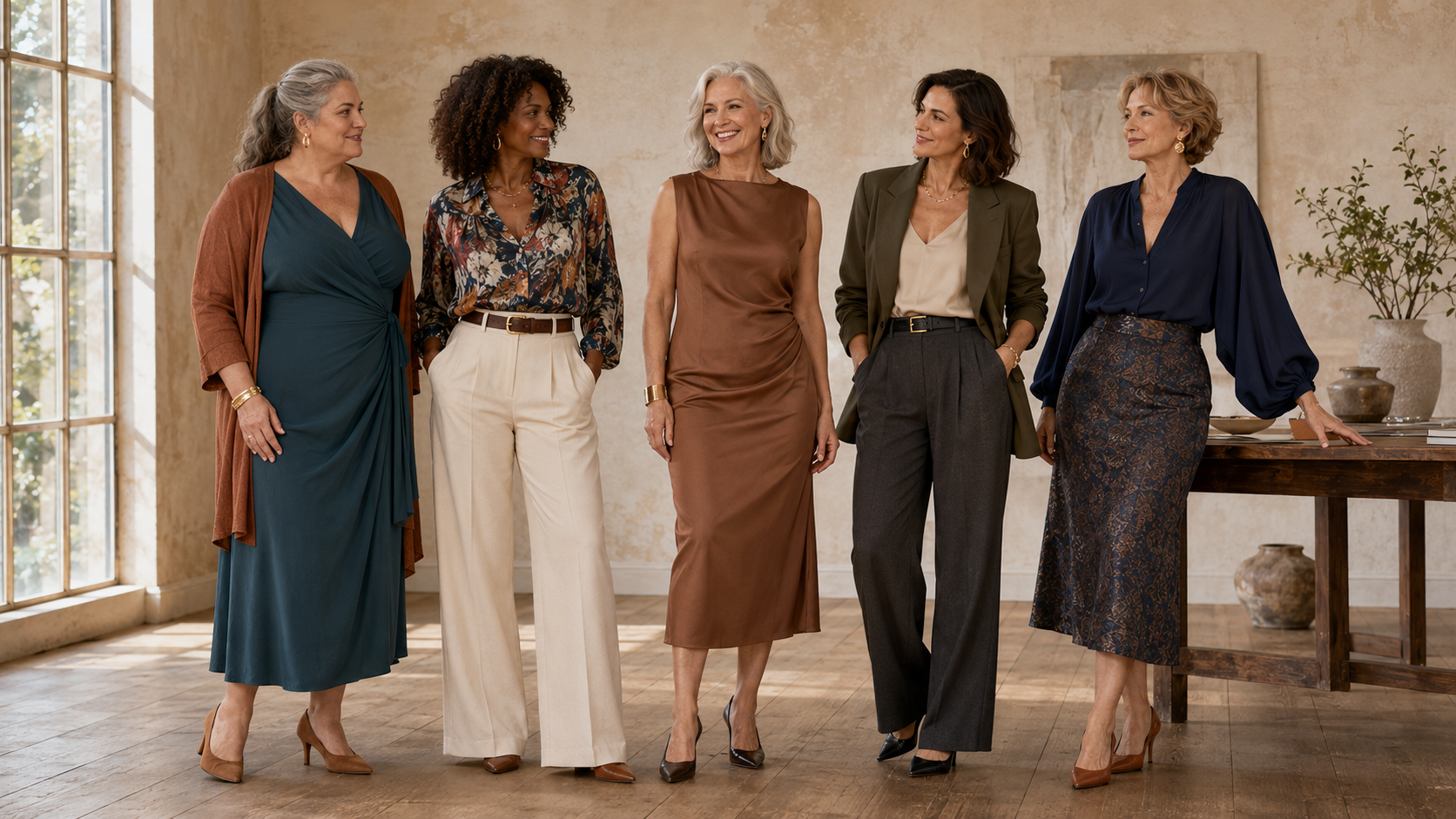 Five stylish women over 45 representing different body shapes in an elegant editorial portrait, illustrating how understanding proportion helps create balanced, timeless personal style.