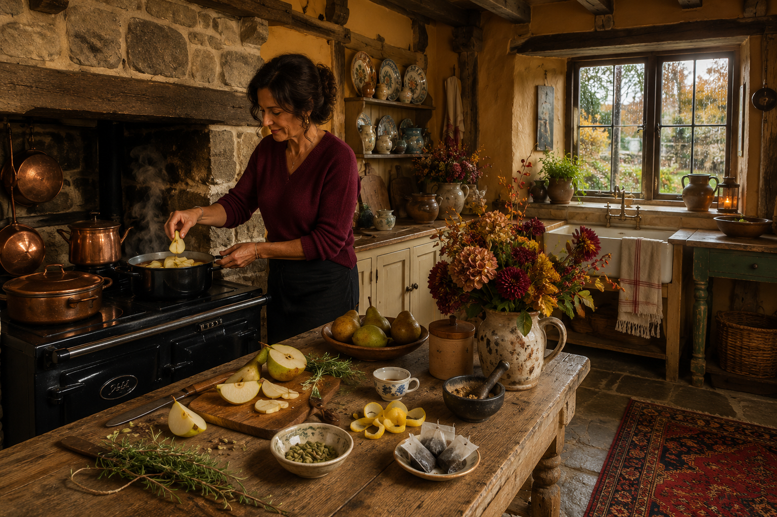 Cozy Irish cottage kitchen on a rainy October afternoon with a pear, cardamom and black tea simmer pot, warm stone, autumn color and old-world charm.