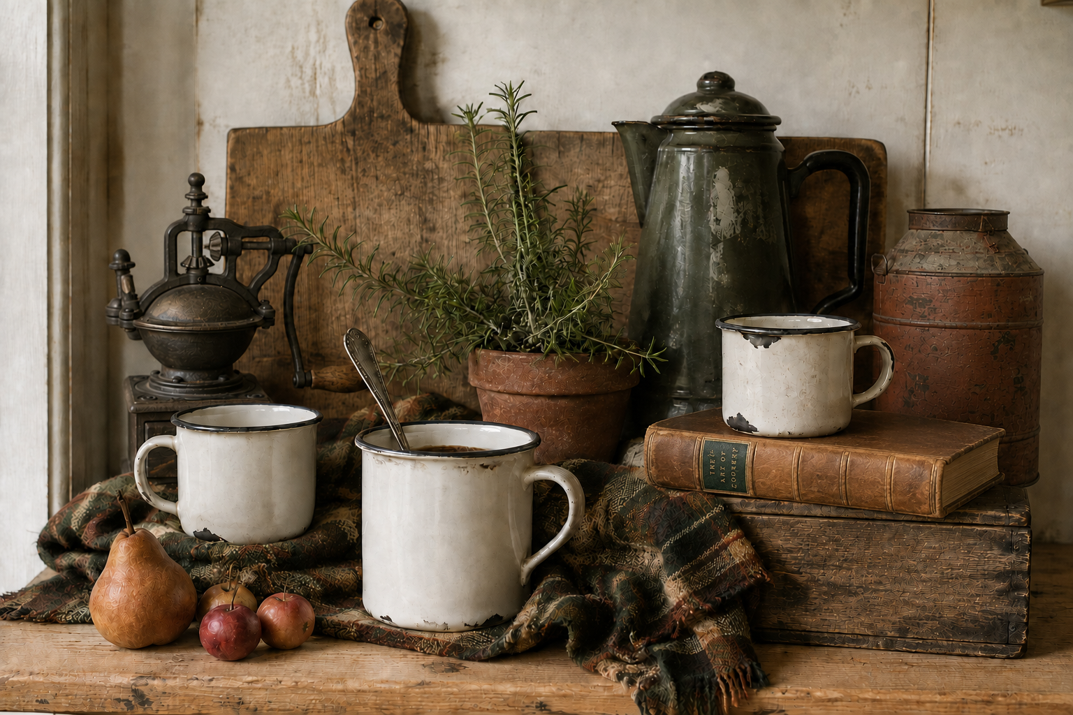 A cozy autumn kitchen shelf with chipped enamel mugs, an antique coffee grinder, vintage cookbook, rosemary, tartan, worn cutting boards, and fall fruit.