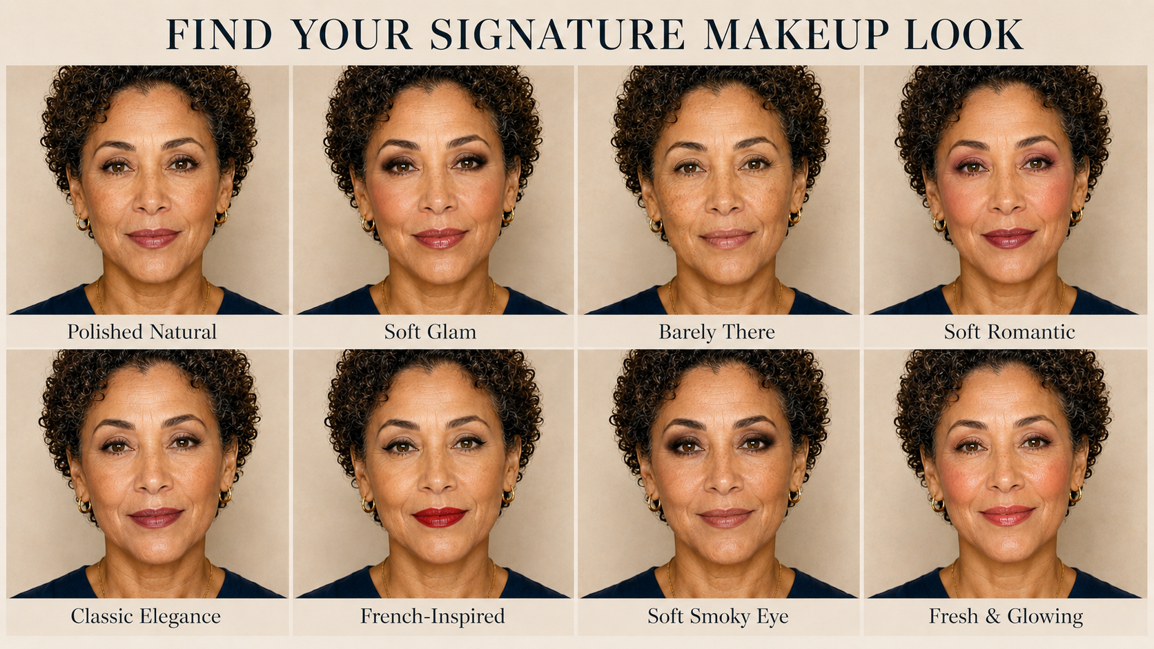 Compare 8 makeup styles for women over 50, from Barely There and Polished Natural to French-Inspired, Soft Smoky Eye and Fresh & Glowing, to find your signature look.