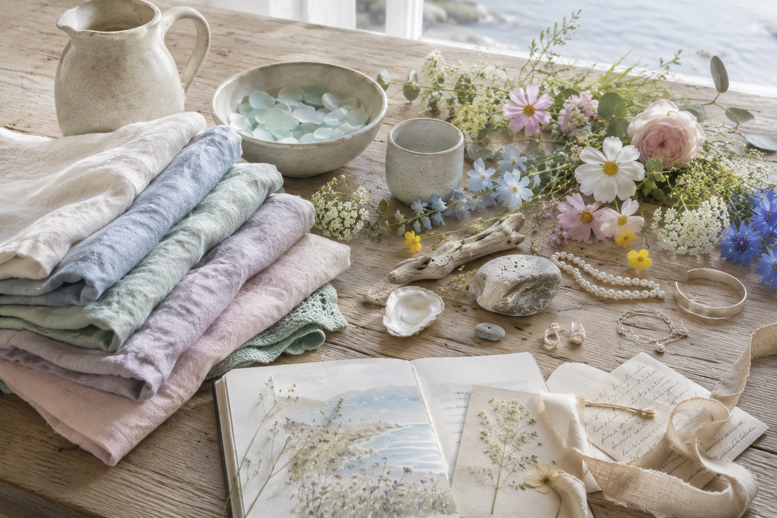 Editorial still life featuring Light Summer colors through soft linens, fresh wildflowers, handmade ceramics, sea glass, and silver accents inspired by a luminous Scandinavian coastal morning.