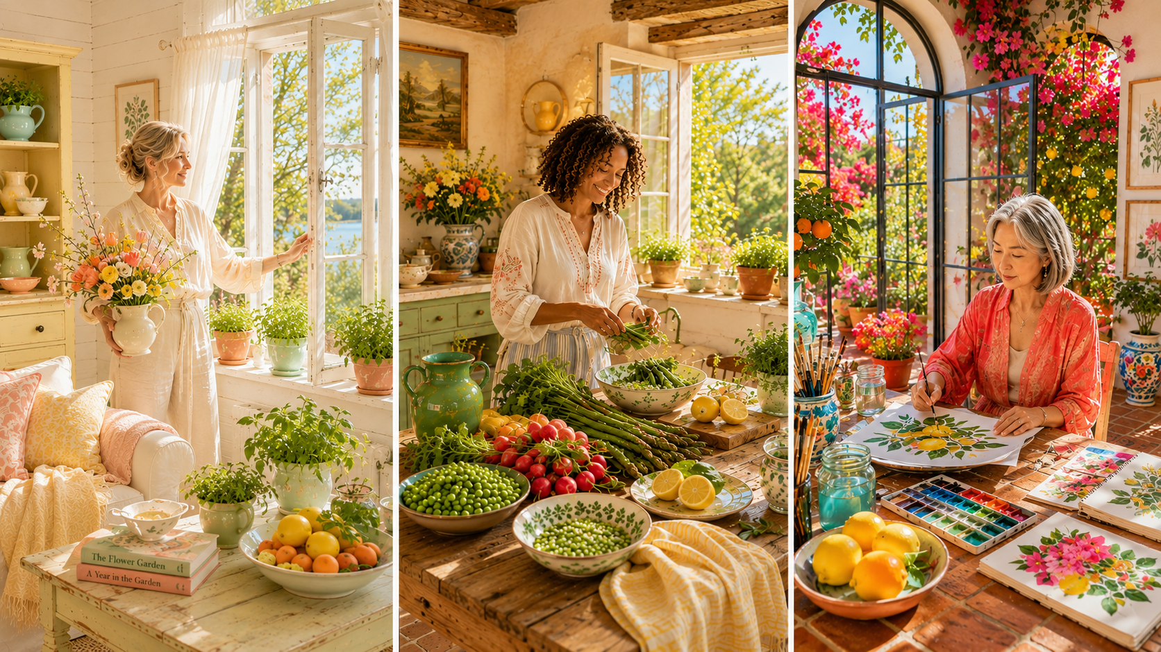 Three editorial lifestyle scenes portray distinct Spring home personalities: a French cottage with fresh flowers, an English garden home preparing lunch, and a Mediterranean villa celebrating colorful artisan living.