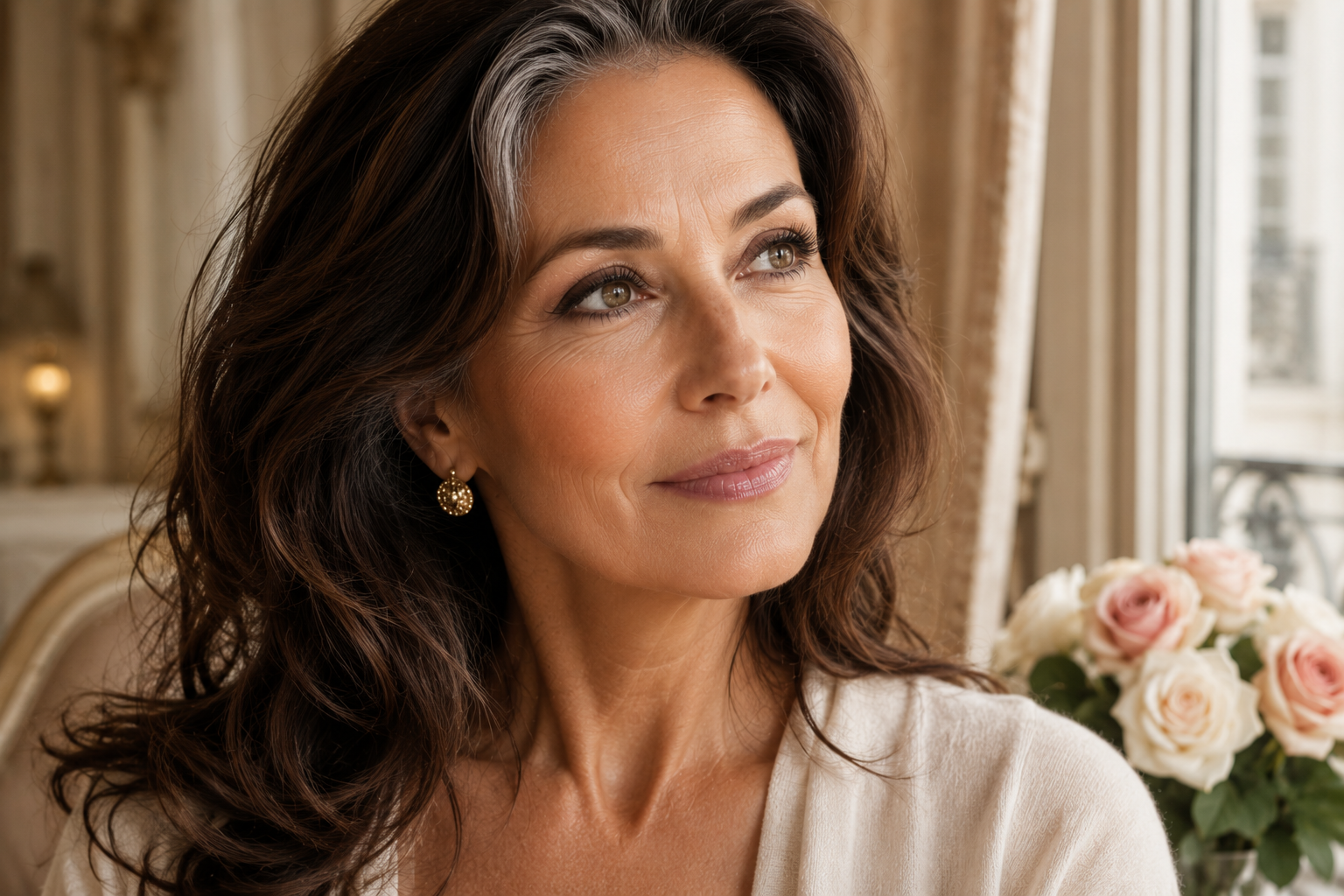 Elegant mature brunette woman with subtle silver streaks gazing toward window light in a European-inspired sitting room, showcasing soft eyeliner, visible lashes, and bright expressive eyes.