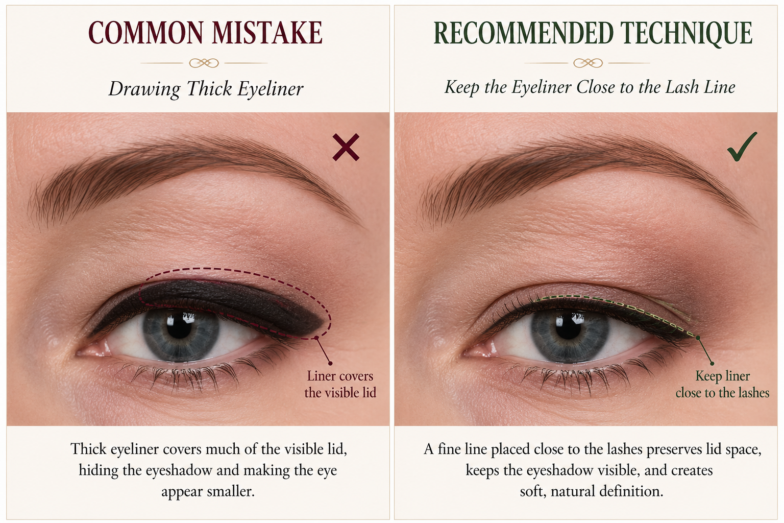 See how thick eyeliner affects hooded eyes compared with a fine line close to the lashes. Learn how preserving lid space keeps eyeshadow visible and creates a softer, more open eye.