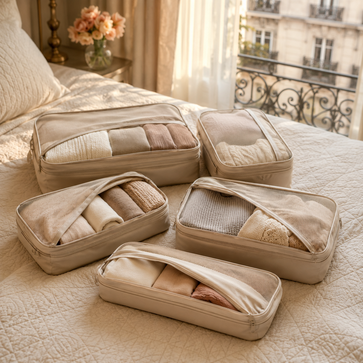 Compression packing cubes neatly organized on a hotel bed, illustrating elegant carry-on travel and thoughtful packing for Europe.