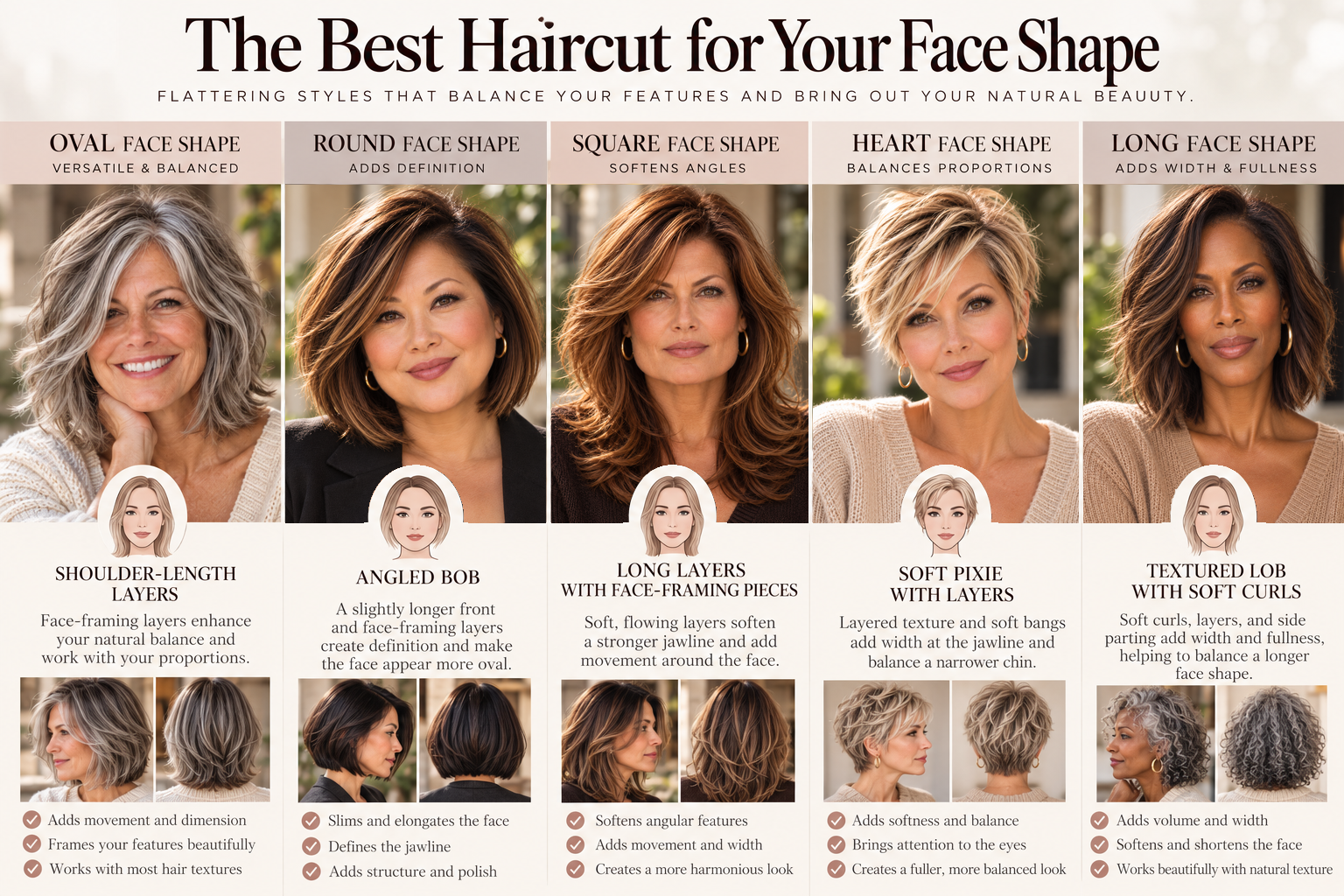 Discover flattering haircuts for women over 45 by face shape, including shoulder-length layers, angled bobs, long layers, soft pixies, and textured lobs for oval, round, square, heart, and long faces.
