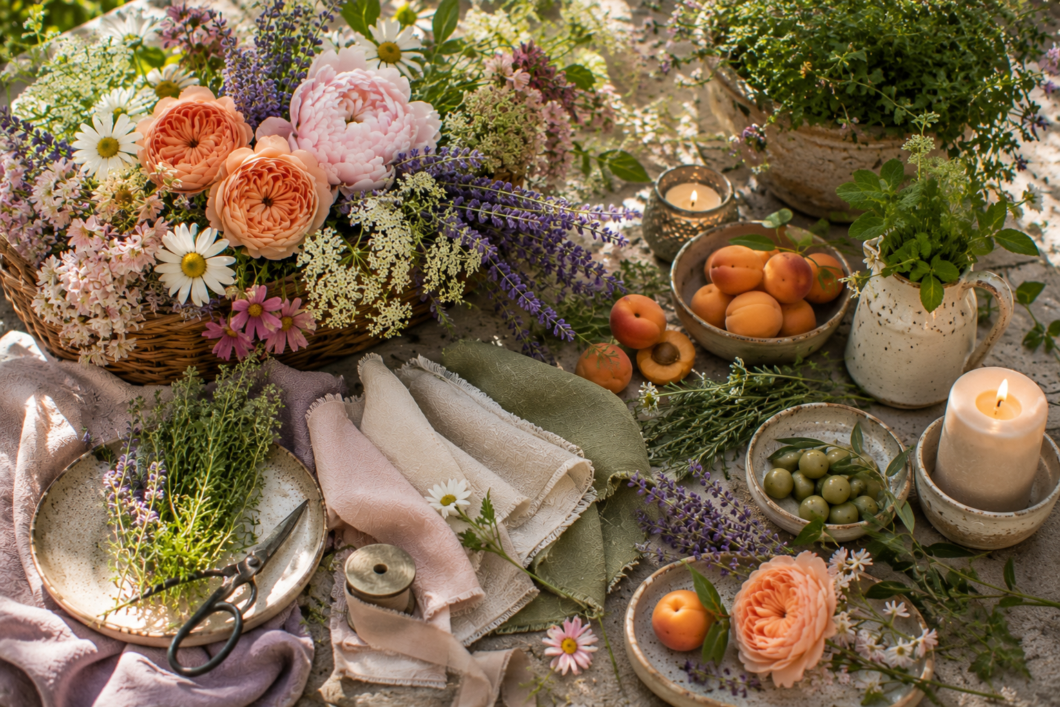 Garden flowers, herbs, apricots, olives, candles, and soft linens create a natural color palette inspired by summer entertaining, featuring apricot roses, blush peonies, lavender, and sage.