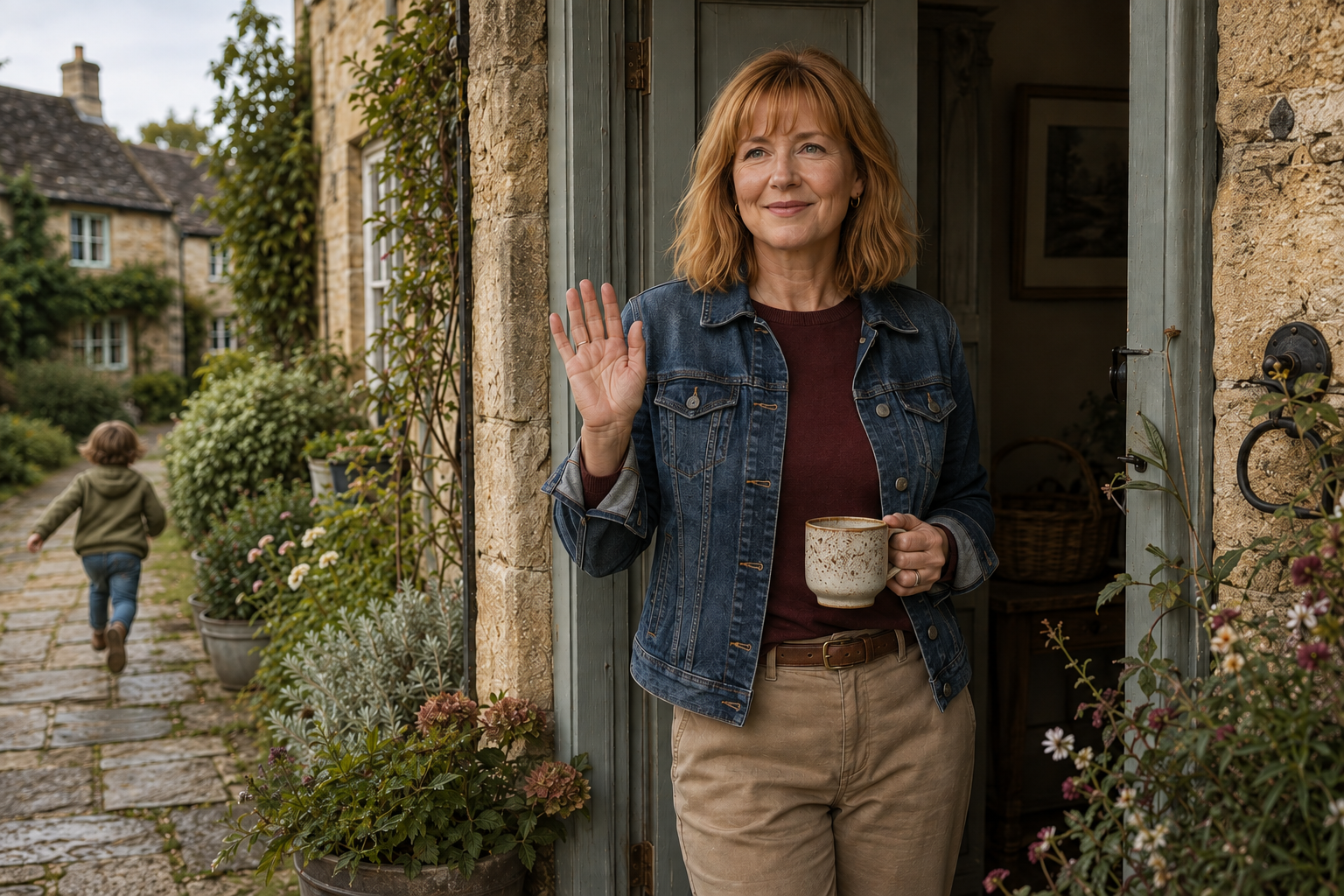 Soft Autumn woman in weathered blue, muted burgundy and khaki, enjoying a quiet September morning at her Cotswolds cottage—a warm, muted palette brought to life.