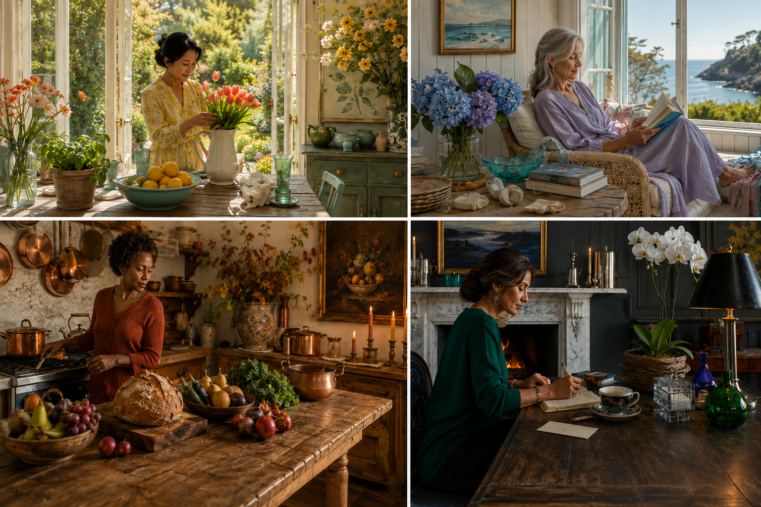 Editorial four-panel magazine spread featuring four women in distinctive European-inspired homes, expressing Spring, Summer, Autumn, and Winter through everyday living, architecture, color, and atmosphere.