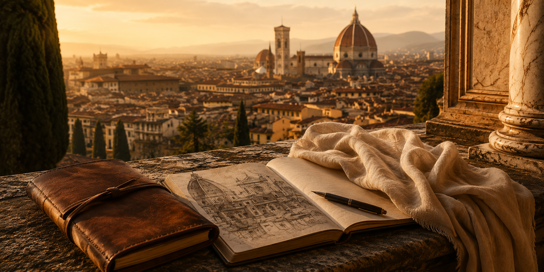 Florence skyline at golden hour with the Duomo in the distance, viewed from a historic terrace featuring a tobacco leather journal, architectural sketchbook, fountain pen, and parchment scarf.