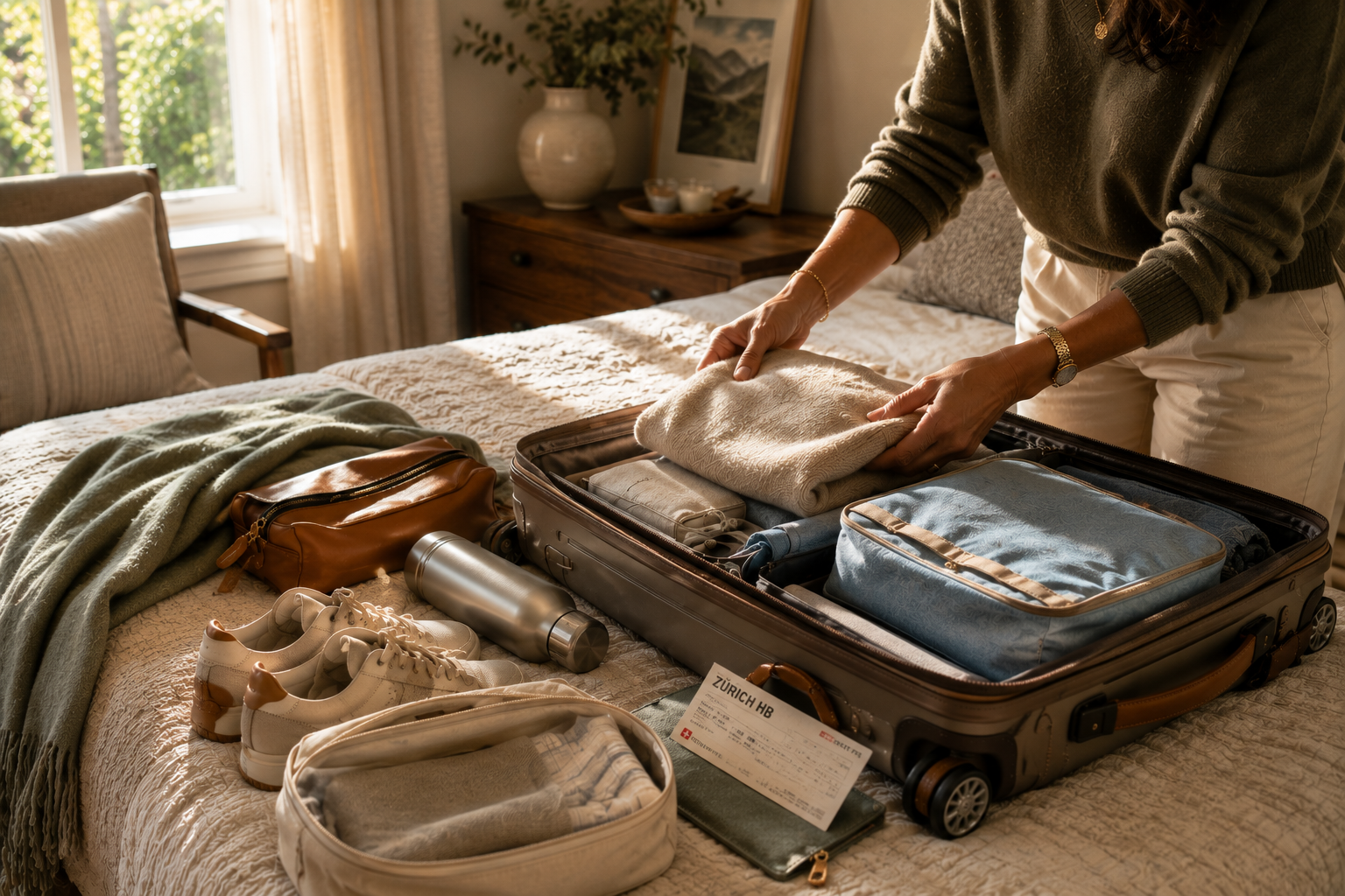 Woman thoughtfully packing a carry-on suitcase in a sunlit bedroom before an early-morning flight, surrounded by comfortable travel essentials and organized packing cubes.