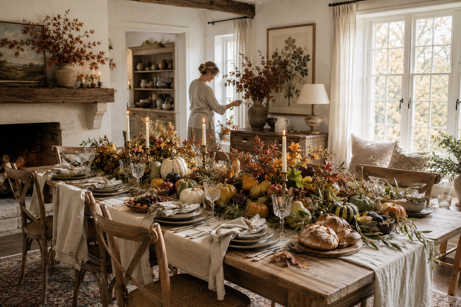 A thoughtfully prepared harvest dining room with seasonal botanicals, candlelight, artisan bread, and natural textures, capturing the timeless elements of autumn hospitality and meaningful gatherings.