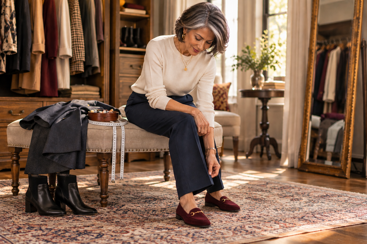 Petite woman over 50 adjusting navy trouser hems over burgundy suede horsebit loafers, demonstrating how small alterations can improve existing fall and winter capsule wardrobe outfits.