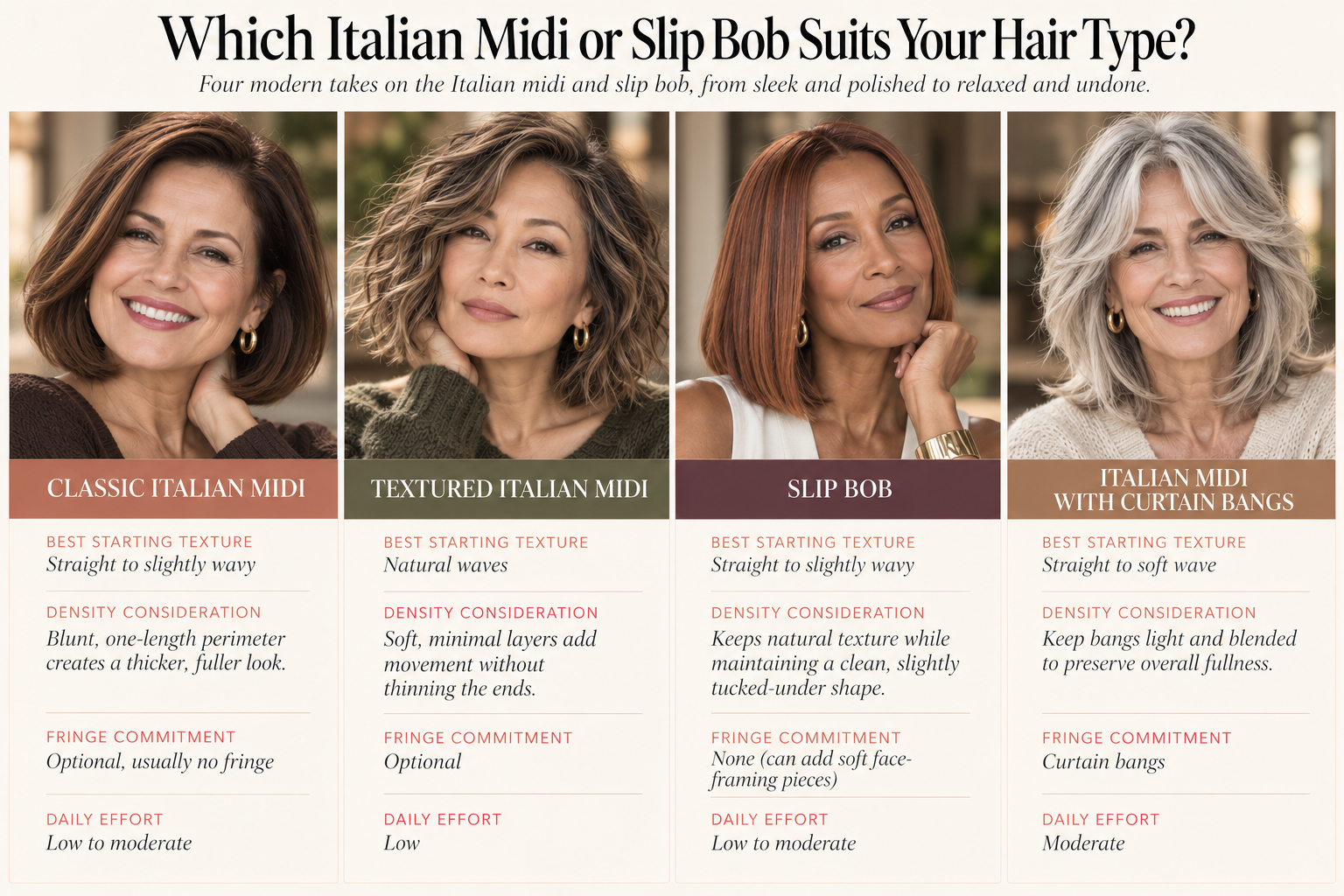 Compare four Italian midi and slip bob haircuts for women over 50, including classic, textured, sleek slip bob, and curtain bang styles, with tips for hair texture, density, and styling.