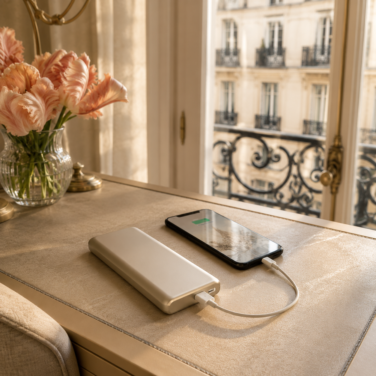 Portable charger connected to a smartphone on an elegant Paris hotel writing desk, with peach parrot tulips and soft morning light creating a refined travel atmosphere.