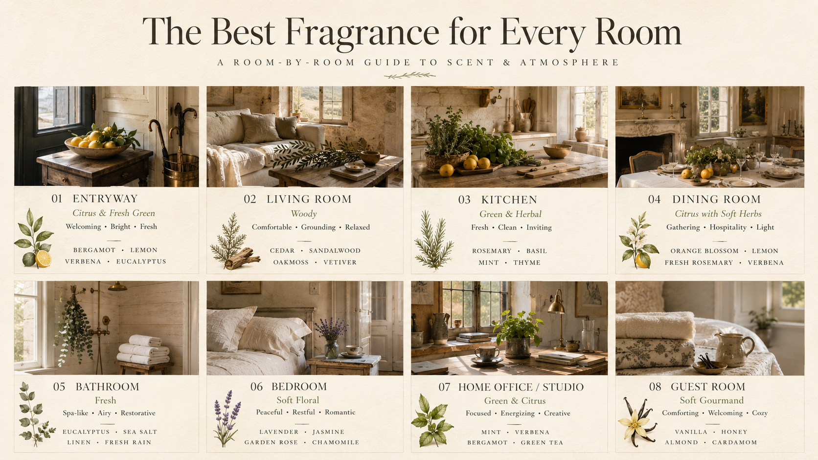 Editorial room-by-room home fragrance guide showing the best scent families and botanical notes for every space, from entryway to bedroom, to create a naturally beautiful, welcoming home.