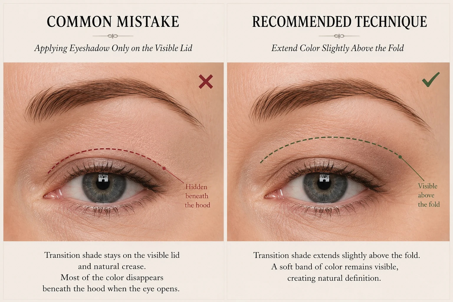 Learn why eyeshadow disappears on hooded eyes with this side-by-side guide. Compare visible-lid placement with extending color above the fold for a softer, more defined, balanced eye look.