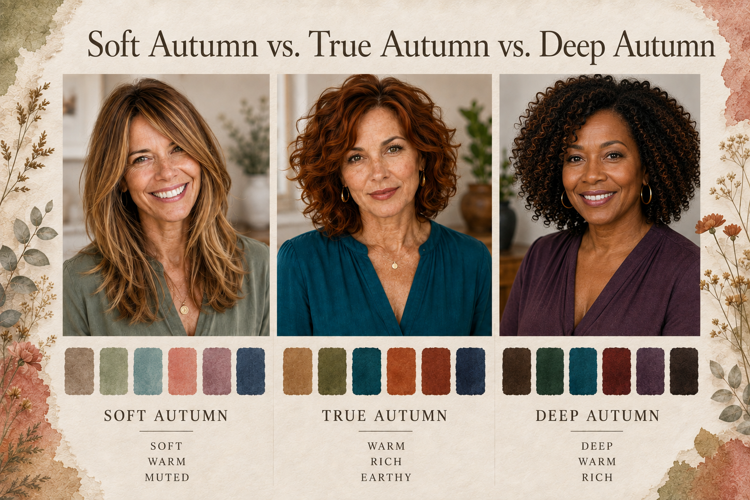 Compare Soft Autumn, True Autumn and Deep Autumn side by side with seasonal palettes, model examples and the key color qualities that distinguish each Autumn season.