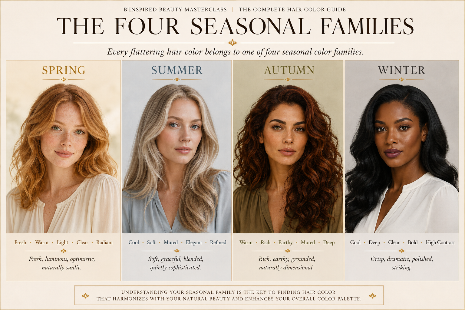 Learn the four Seasonal Color Analysis families—Spring, Summer, Autumn, and Winter—and discover how each color palette influences harmonious hair color selection and personal style.