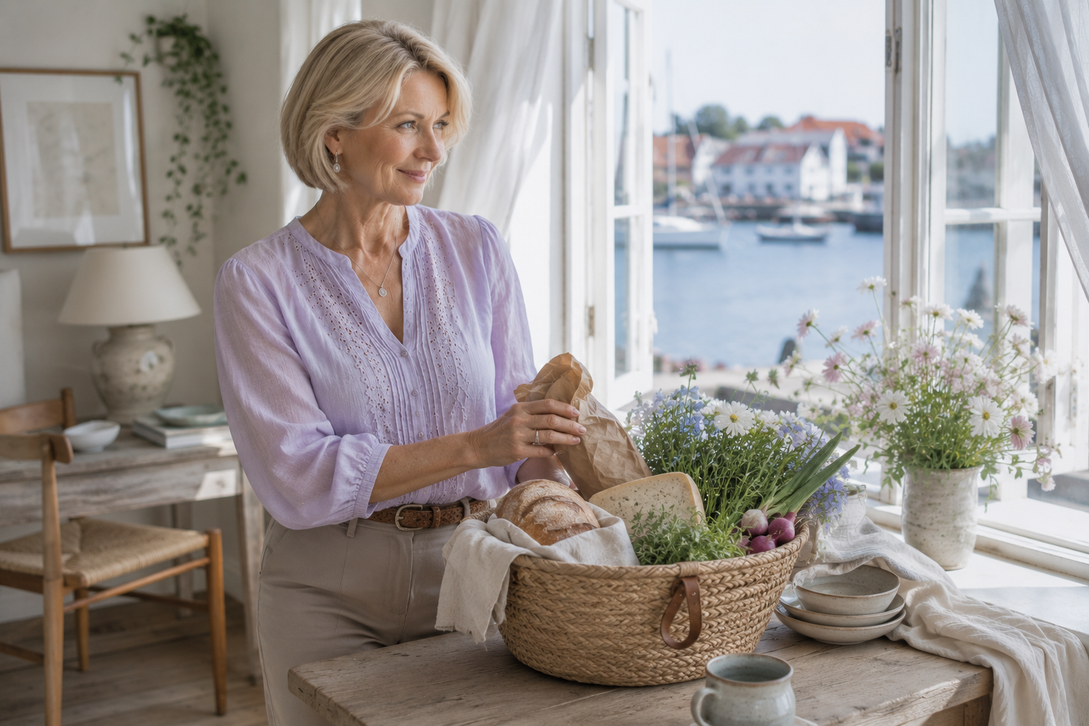 Editorial portrait of a Light Summer woman unpacking a market basket in a bright Scandinavian harbor home, showcasing cool, luminous colors, natural beauty, and effortless everyday elegance.