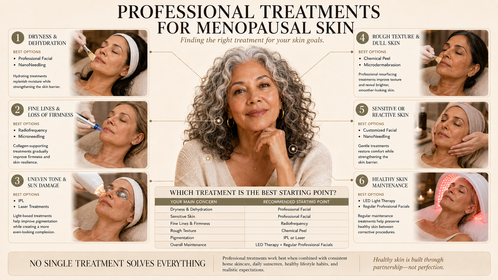 Professional treatments for menopausal skin learning plate comparing facials, microneedling, RF, IPL, lasers, peels, and LED therapy to help match treatments with common skin concerns.