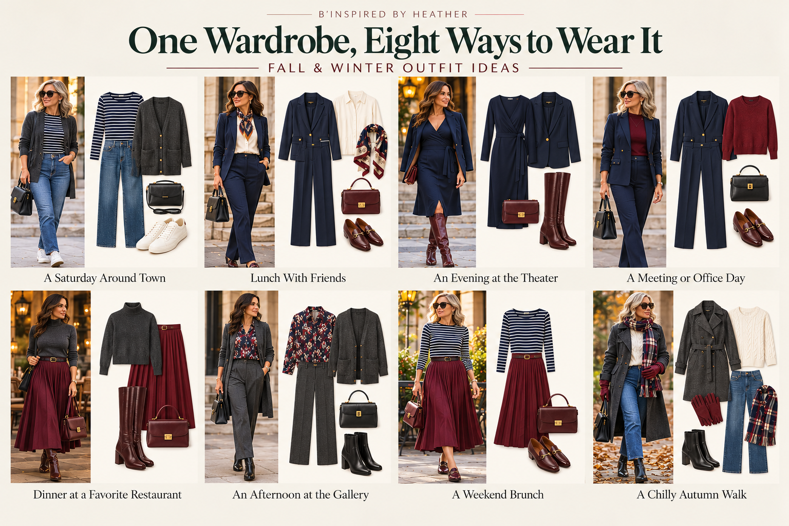 Eight fall and winter outfits featuring ivory V-neck cable knits, burgundy sweaters, navy tailoring, charcoal layers, and dark denim.