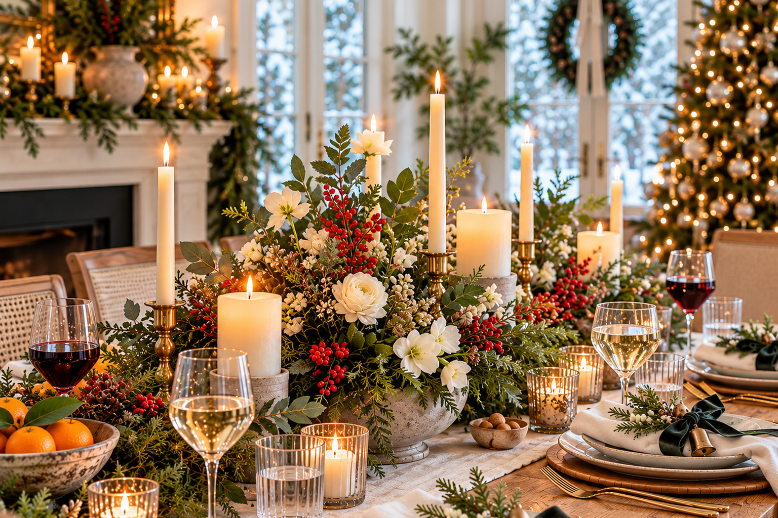 Christmas dining table with evergreen and white floral centerpiece, glowing candles, wine glasses, layered place settings, and dark green ribbon napkins beside a decorated tree.
