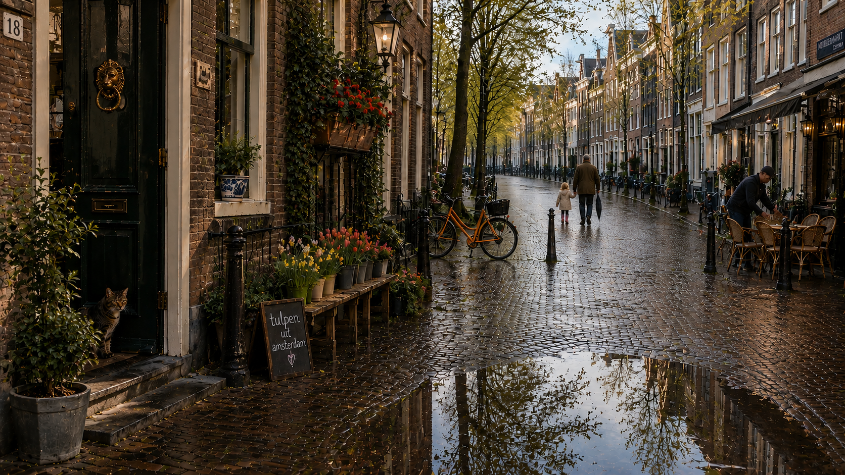 Rain-soaked Jordaan street in Amsterdam with spring flowers, an orange bicycle, a cat in a doorway, and a grandfather holding his granddaughter's hand as they stroll away in morning light.