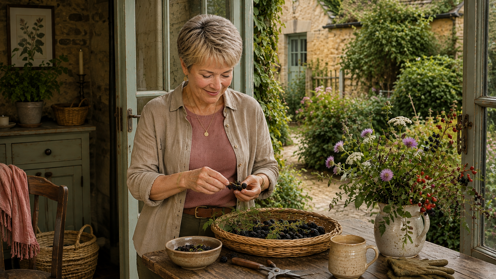 Soft Autumn woman over 60 sorting fresh blackberries in a Cotswolds cottage, showing how the warm, muted Soft Autumn palette works beautifully as coloring changes with age.