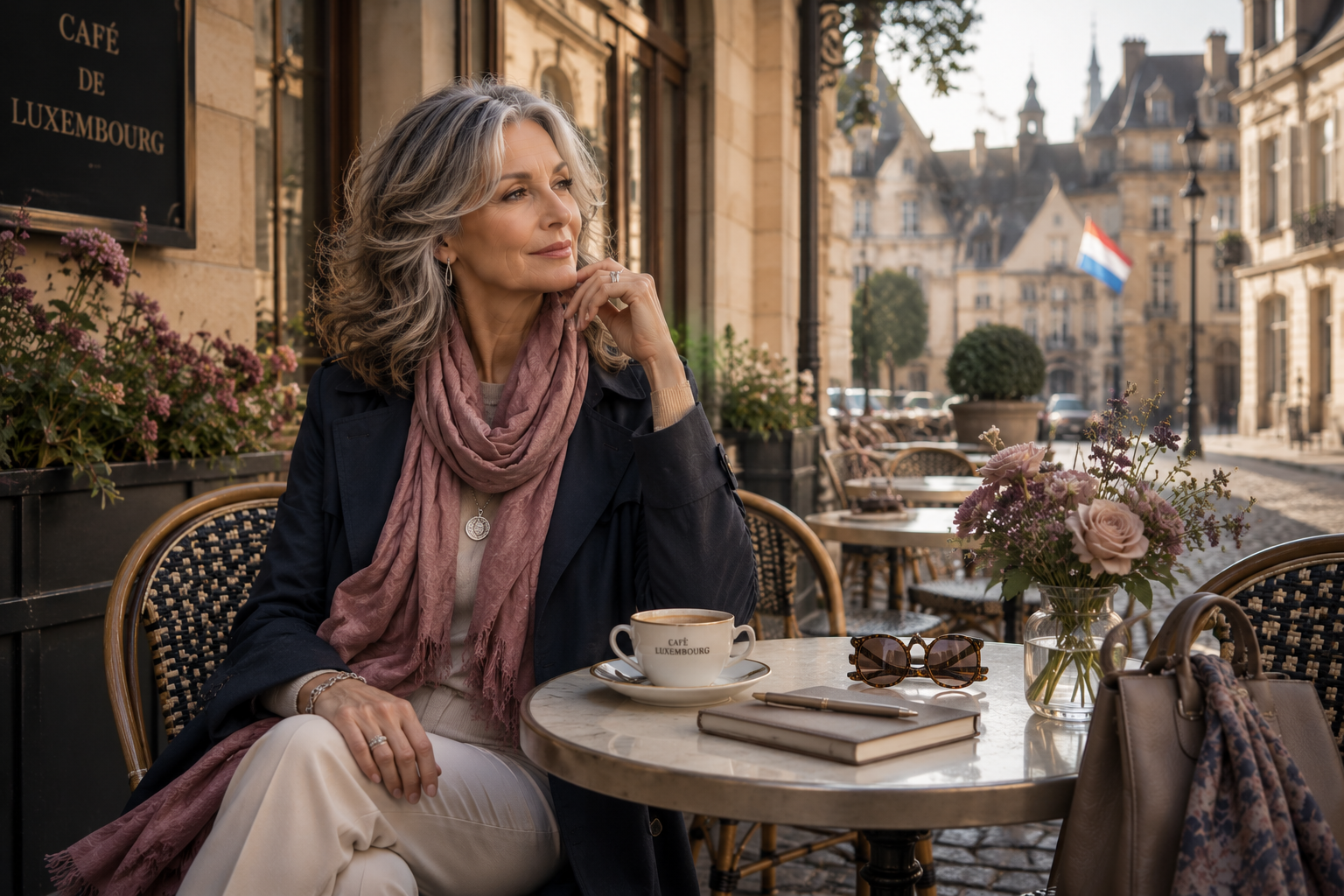 Sophisticated woman with silver-brown hair sits at a Luxembourg café terrace wearing a soft navy coat and dusty rose scarf. Cream stone buildings, flowers, and morning light create an elegant European scene.