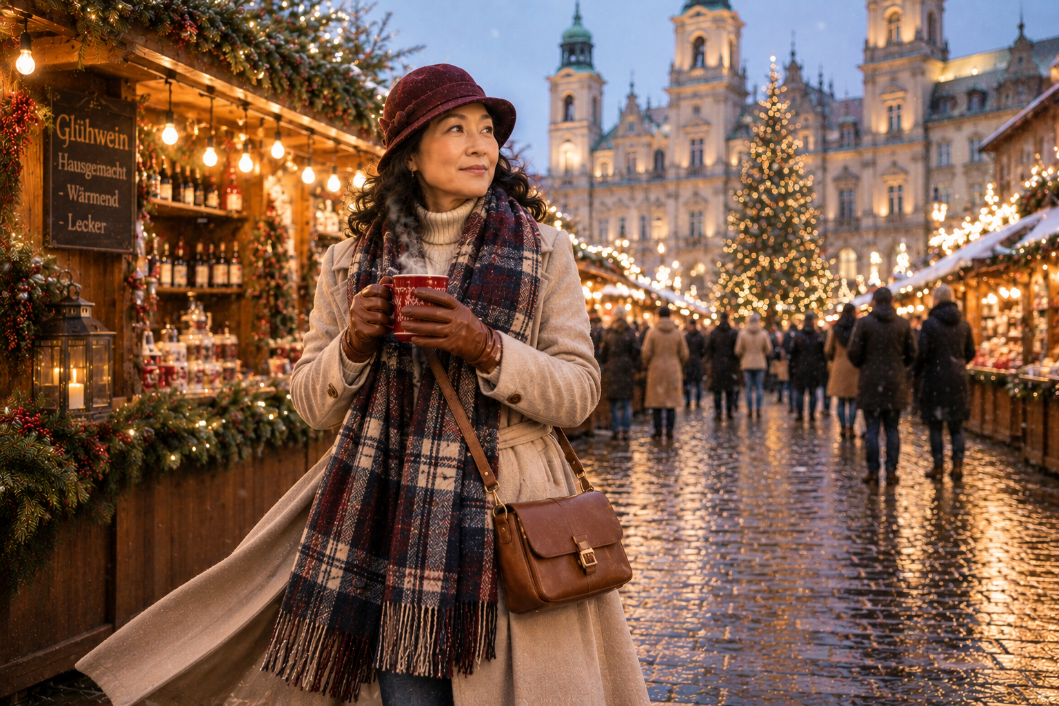 Elegant Asian woman in a beige wool coat and plaid scarf holding mulled wine while walking through a glowing European Christmas market with twinkle lights, snowfall, and cobblestone.