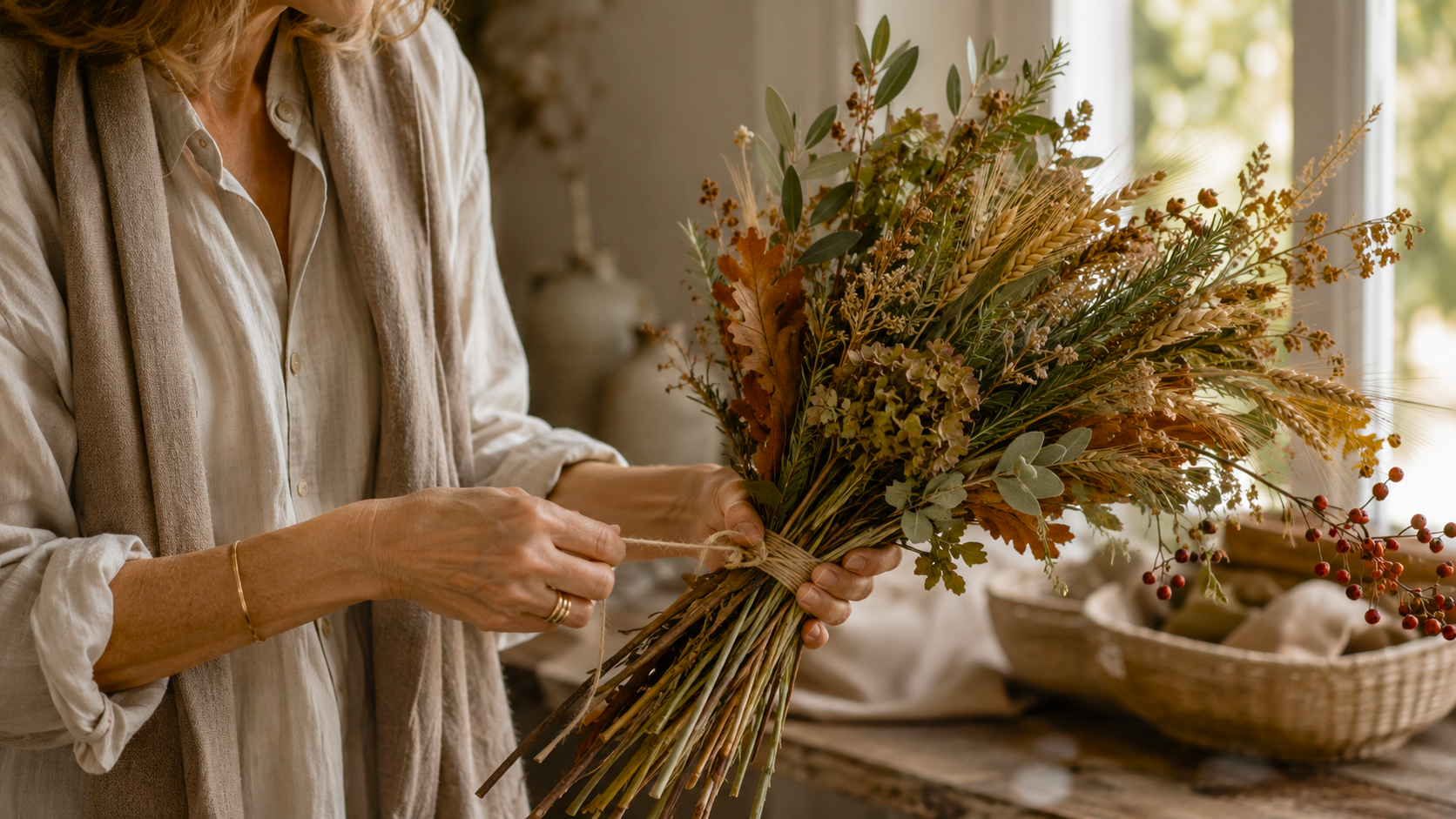 A woman gathers autumn branches, herbs, wheat, and foliage into a simple bundle, showing how nature becomes timeless harvest décor through thoughtful, handcrafted seasonal styling.