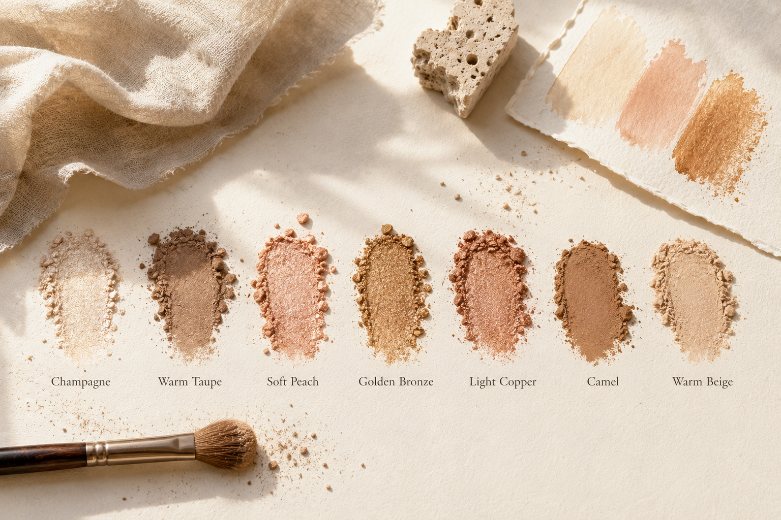 Editorial still life featuring Spring Seasonal Color Analysis eyeshadow swatches in champagne, warm taupe, peach, bronze, copper, camel, and warm beige for naturally luminous makeup.