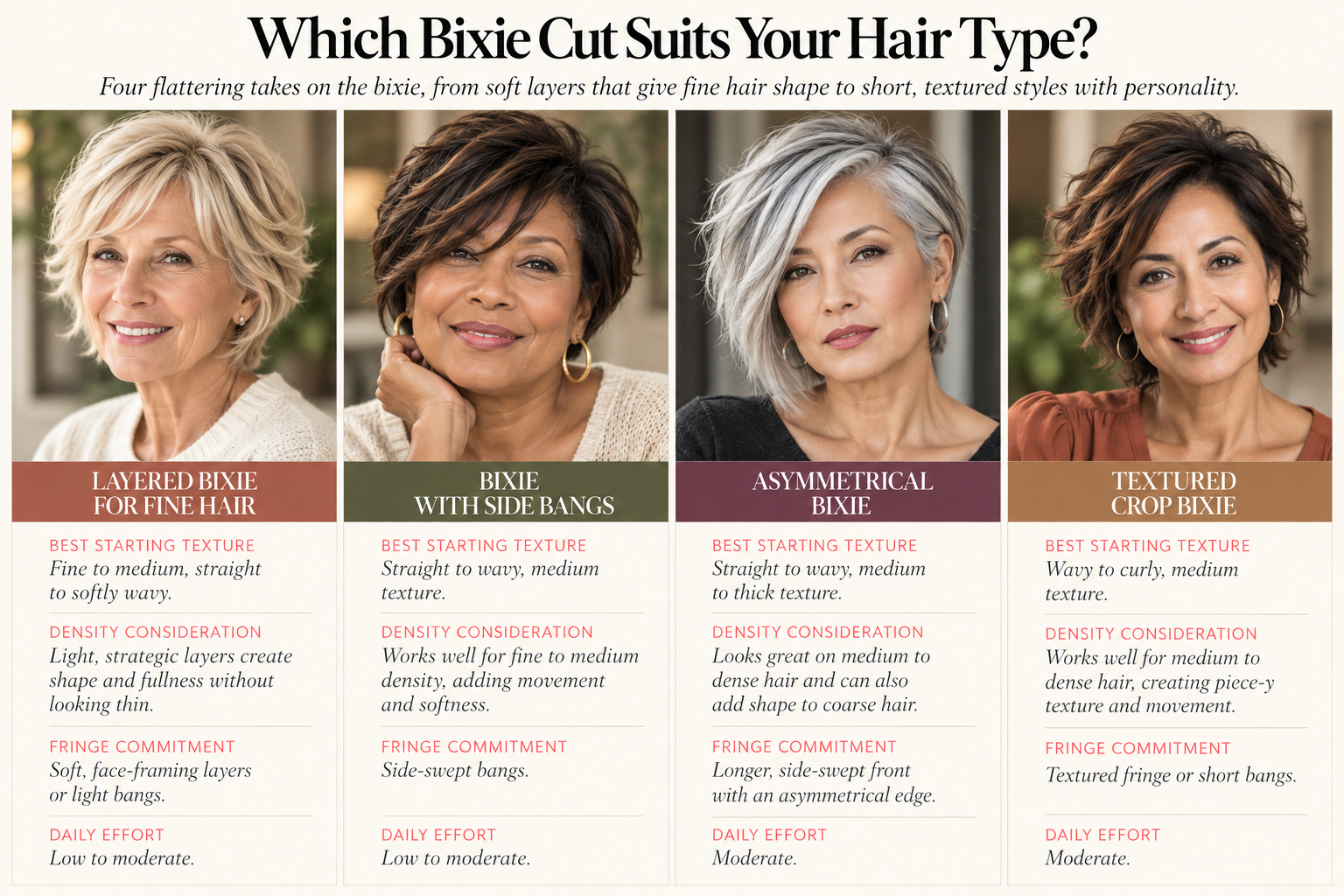 Discover four flattering bixie haircuts for women over 45, including layered bixies for fine hair, side bangs, asymmetrical cuts, and textured crops, with tips for hair type and styling.