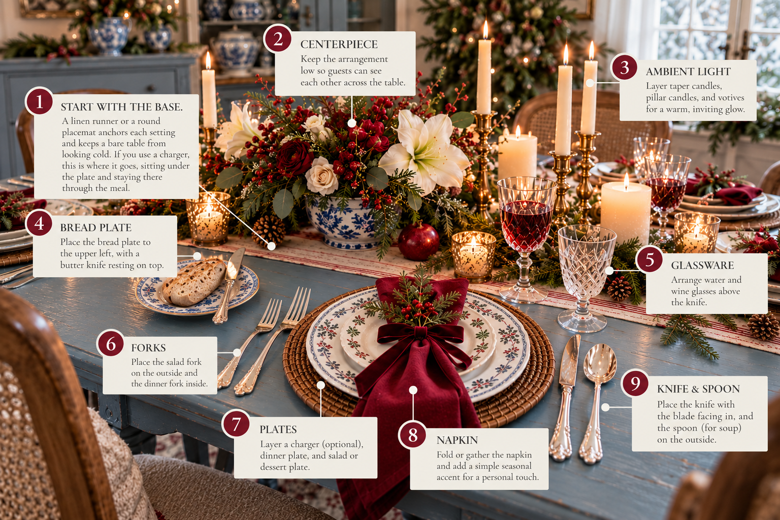 Illustrated holiday table-setting guide showing eight steps for layering dinnerware, arranging flatware and glassware, folding napkins, and styling a festive centerpiece with candles.