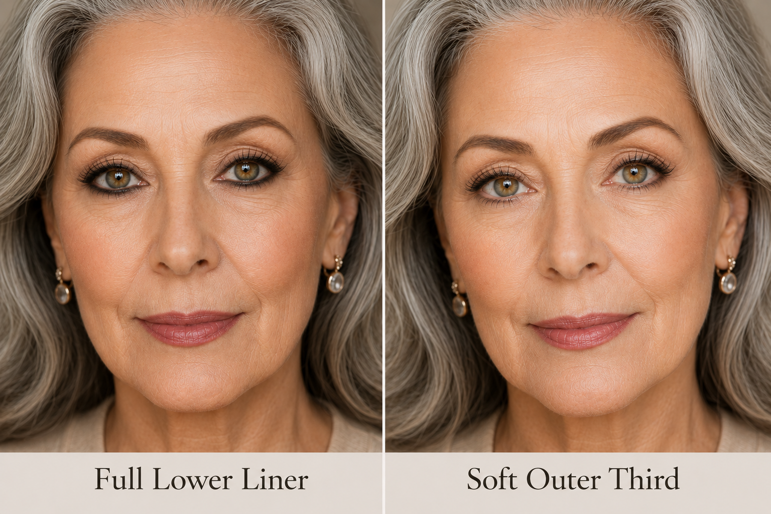 Side-by-side comparison of a mature woman wearing full lower eyeliner and soft outer-third definition, showing how lighter lower liner can create a brighter, more open appearance.