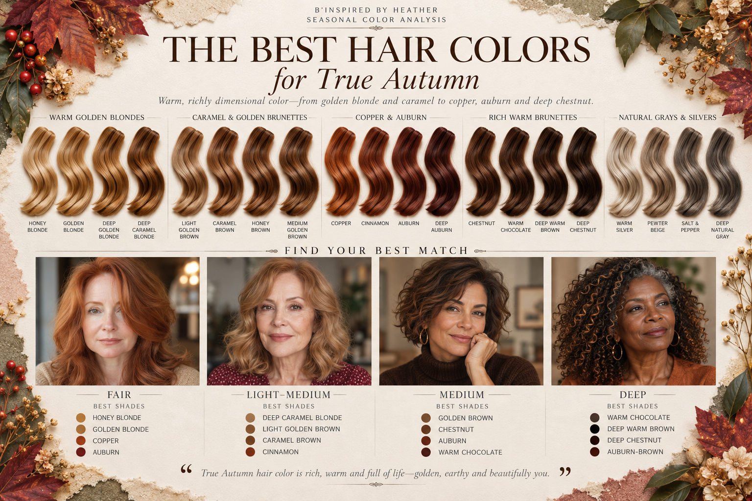 Best hair colors for True Autumn, from honey blonde and caramel brown to copper, auburn, chestnut and warm chocolate, with options for natural gray hair.