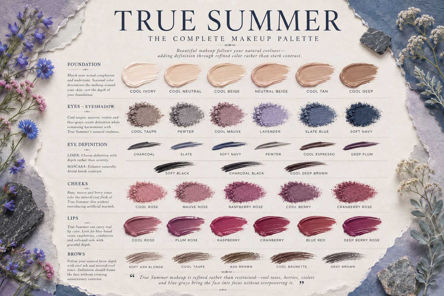 True Summer makeup palette featuring cool taupes, mauves, slate blues, roses, raspberries, berries and blue-reds for refined, harmonious makeup with graceful definition.