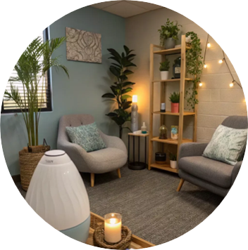 Cozy living room with two gray armchairs, a wooden bookshelf decorated with plants and ornaments, a tall green plant, and a window with blinds, illuminated by warm lighting and fairy lights.