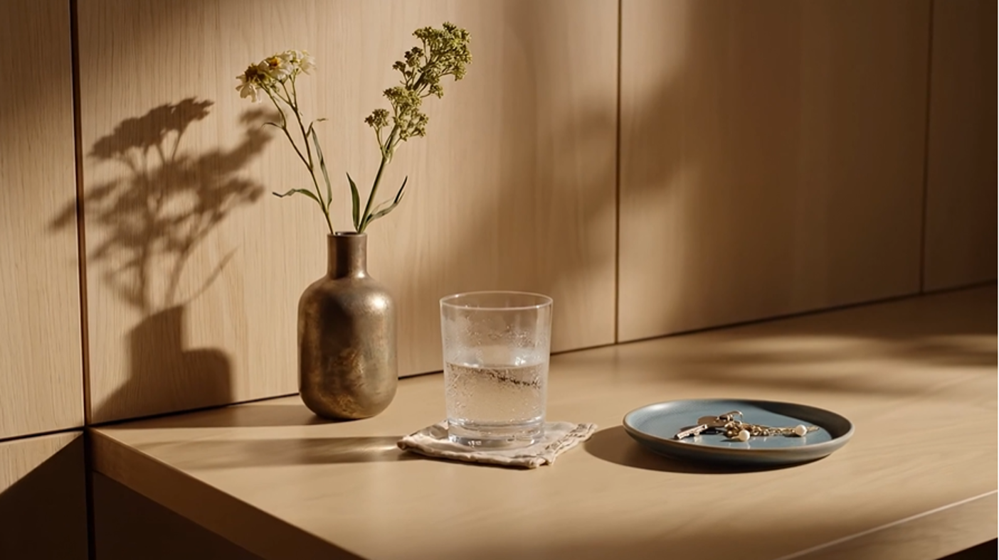 A still life scene with a gold vase holding greenery and white flowers, a glass of water with condensation resting on a white cloth, and a blue plate with jewelry, all on a wooden surface against a wooden wall.